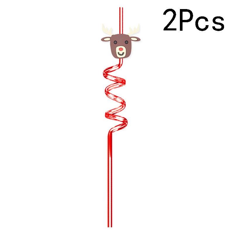 2Pcs Reusable Plastic Straw Cartoon Christmas Drinking Straws Santa Claus Christmas Tree Straw Holiday New Year Party Decoration