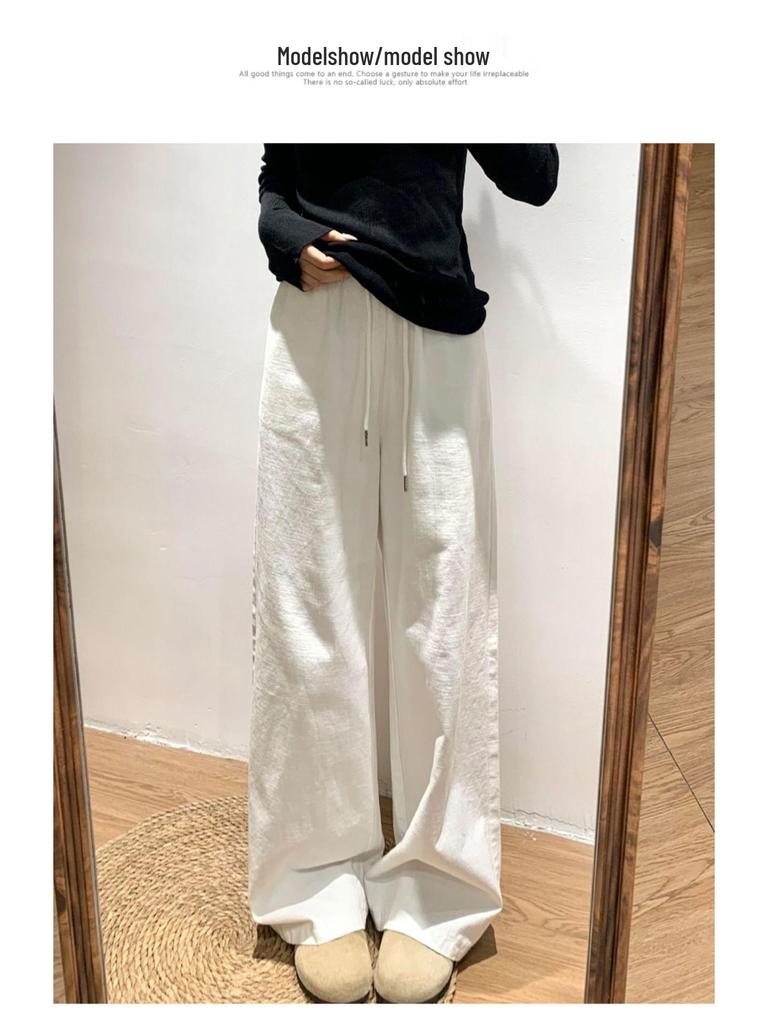 Women's White Wide-Leg Pants - Spring/Autumn 2025, Loose Cotton-Linen Denim, Floor-Length Casual Style