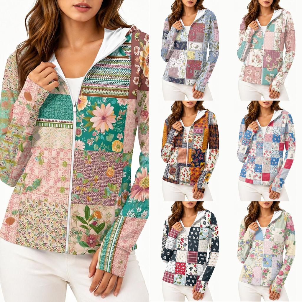 Women Lightweight Hooded Sun Protection Jacket Full Zip Long Sleeve Printed Pocket Outdoor Activewear Windbreaker