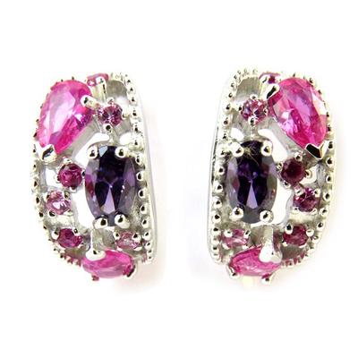 [M5572] - Silver Half Hoop Earrings 'Sissi' Pink Purple (12x8 Mm)