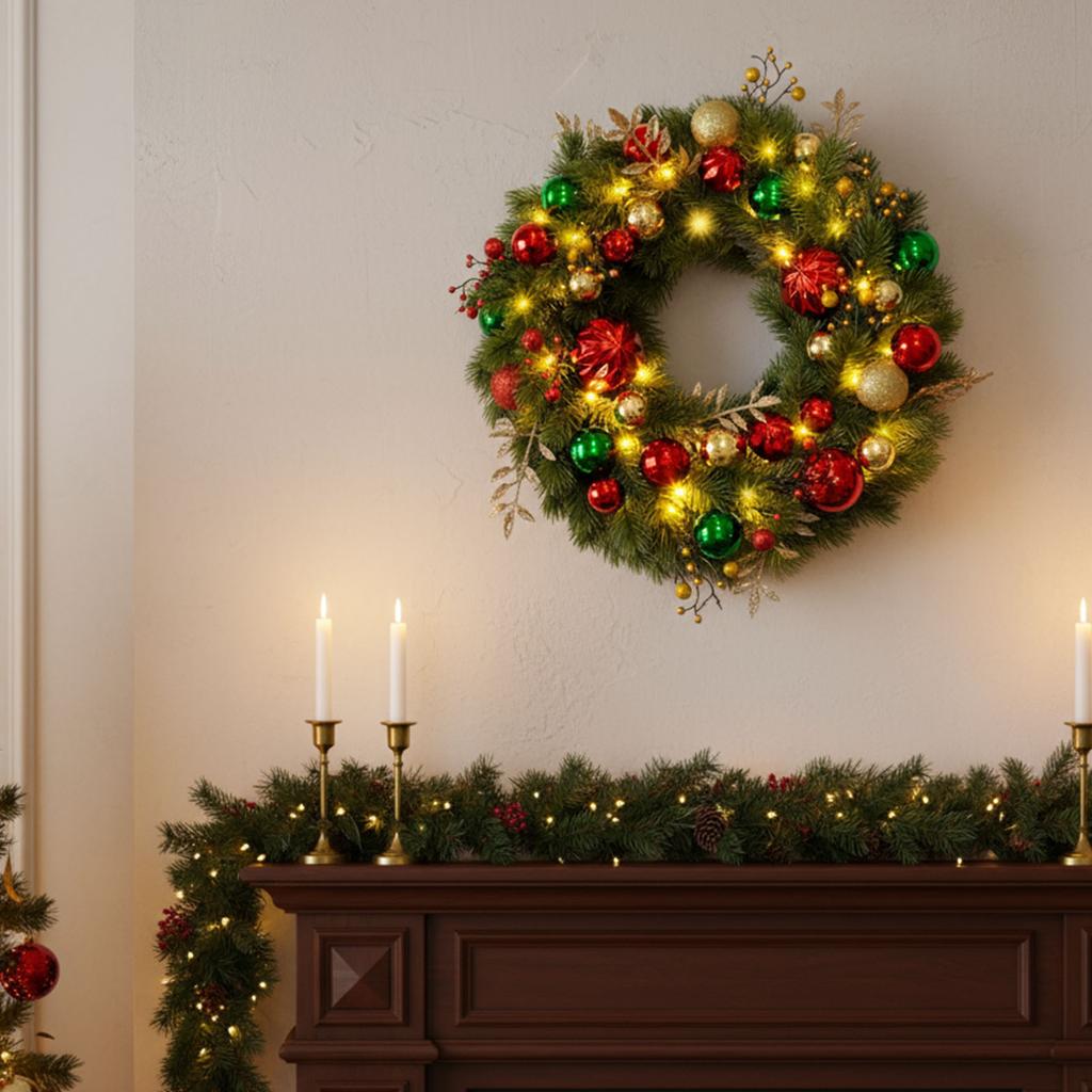 LED Lighted Christmas Door Wreath 8 Modes Hanging Decor Garland Timer Pine Decorations Wreath for Front Door Wall Windows Mantle