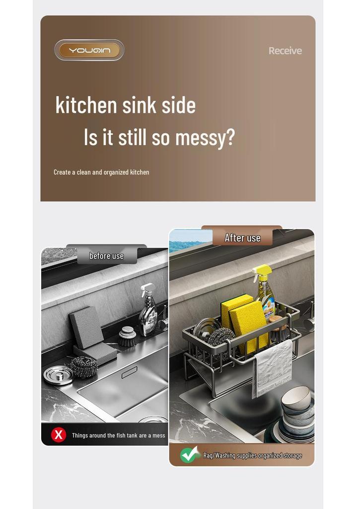 Sink Organizer Rack: Dishcloth Drain, Faucet Storage, Dishwashing Detergent & Steel Wool Holder
