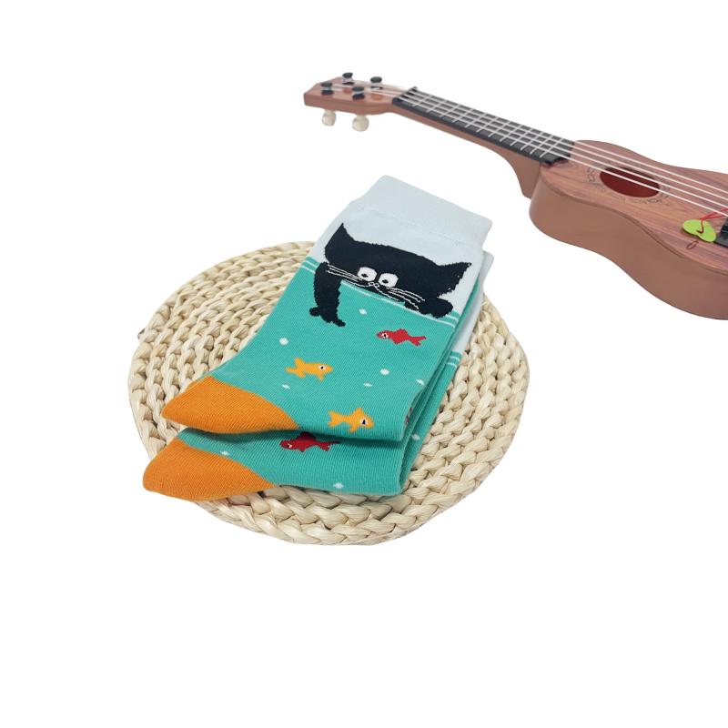 1 Pair Men's Trendy Cartoon Cat Fish Pattern Mid-calf Socks, Breathable Comfy Casual Unisex Socks Suit In All Seasons