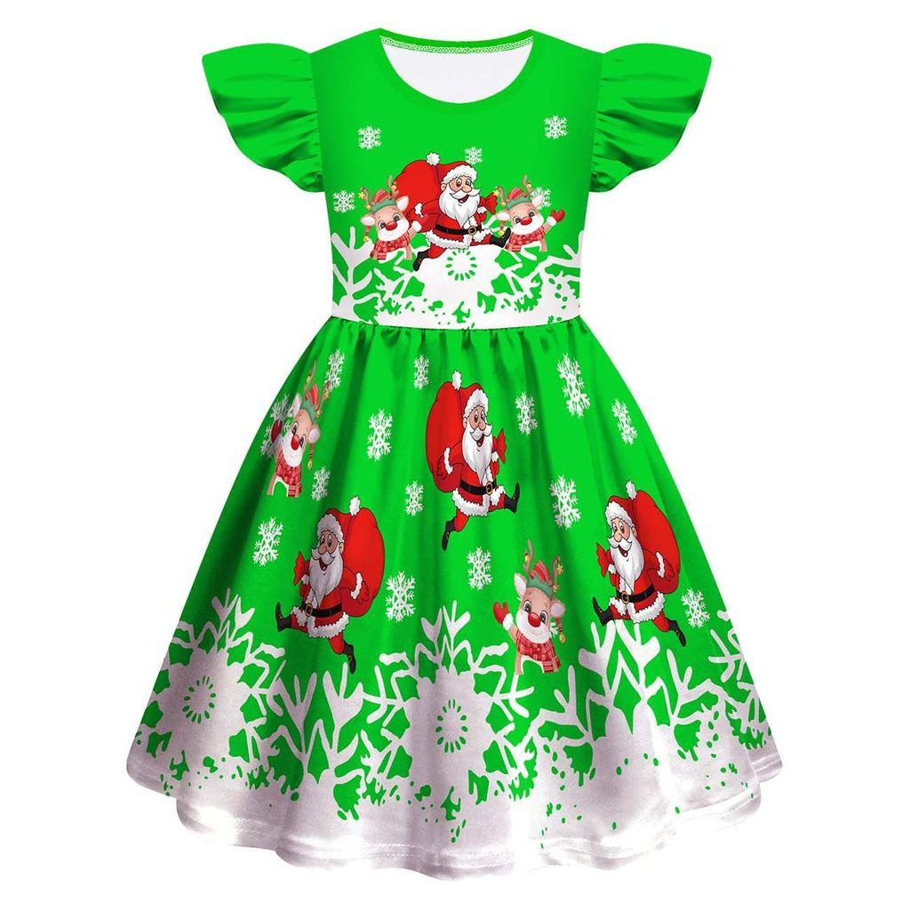Kids Girls Cartoon Santa Claus Christmas Tree Elk Print Ruffle Sleevess New Year Dress