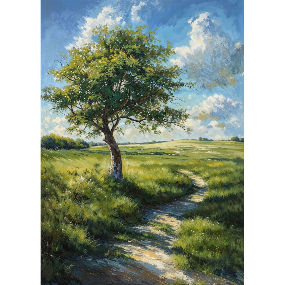 Cabana na Montanha Vista do Vale Caminho de Outono Prado de Verão Floresta de Árvores Nuvem Pôster Pintura em Tela Impressão para Sala de Estar Decoração de Casa