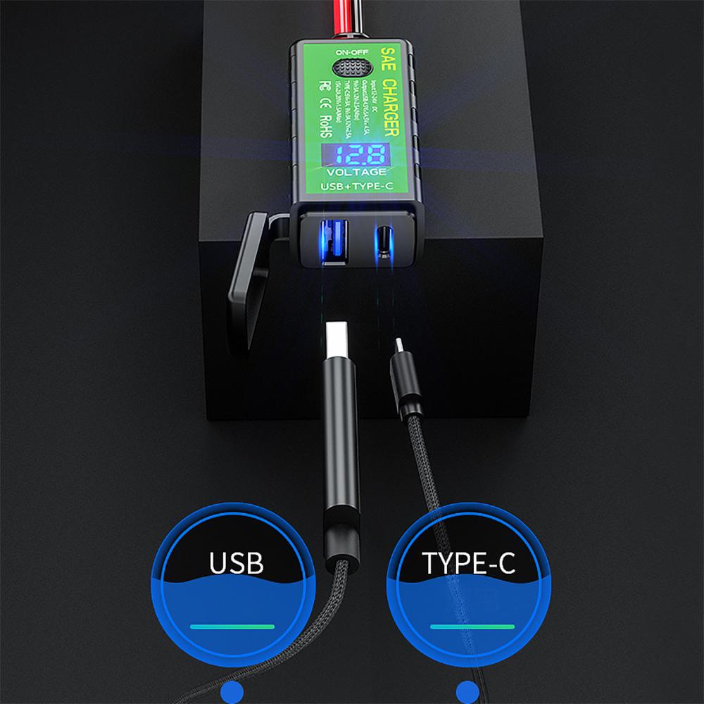 With Voltmeter On/Off Switch Motorcycle USB Charger 12V SAE to Dual USB Fast Charging Adapter 3.1A/4.8A TYPE-C for Phone