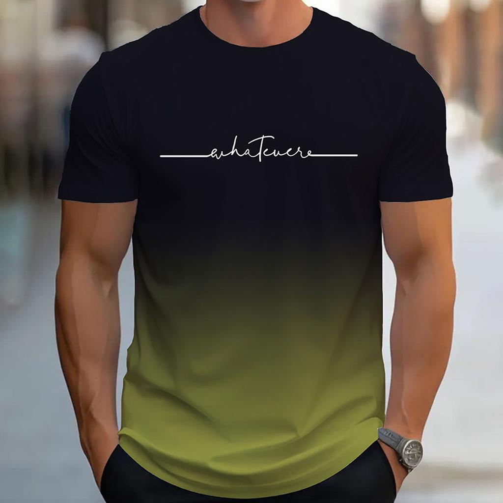 Letní pánské tričko s kulatým výstřihem a 3D potiskem přechodových písmen, módní ležérní krátký rukáv