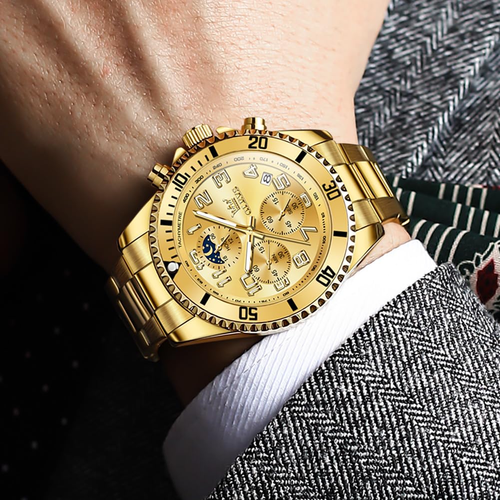 OLEVS Men's Quartz Chronograph Watch NO.2926 Moon Phase Date Display Gold Stainless Band 43mm Dial 30M Waterproof