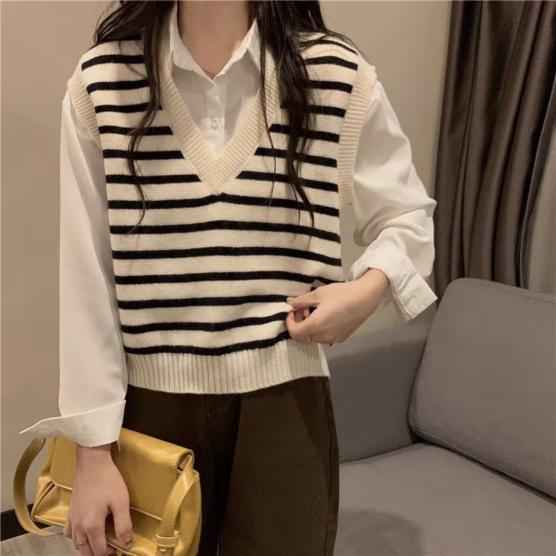 Pullover V-neck Striped Knitted Vest Women Spring and Autumn 2026 Casual Sleeveless Vest Sweater Female Top One Size бежевый