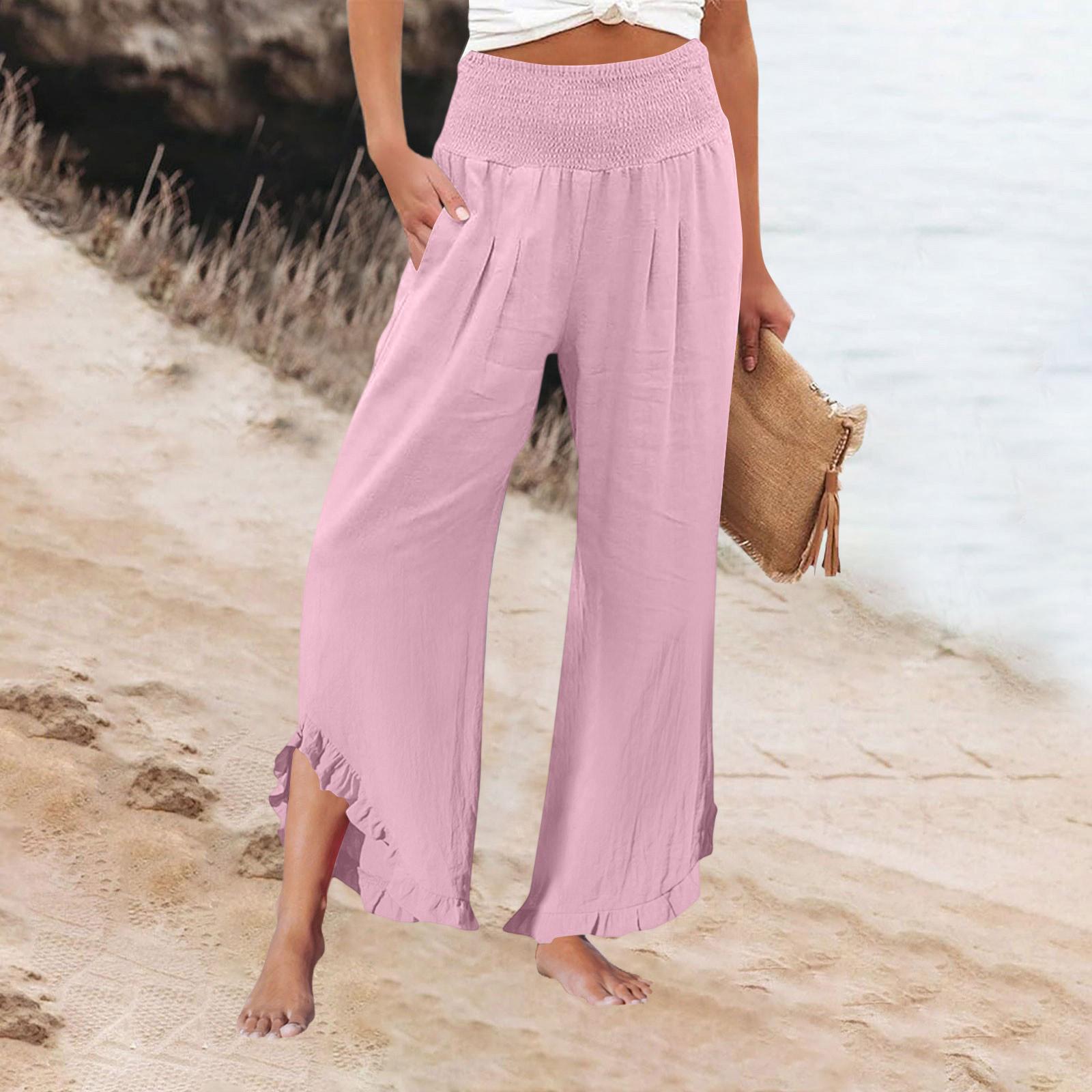 

Womens Palazzo Pants Summer Casual Flowy Wide Leg Trousers Beach Travel Vacation Outfits S рожевий