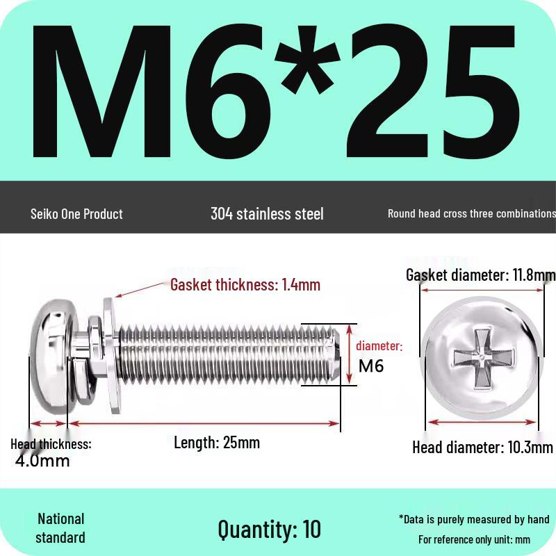 304 Stainless Steel Phillips Round Head Screw with Flat Washer M3/M4/M5/M6