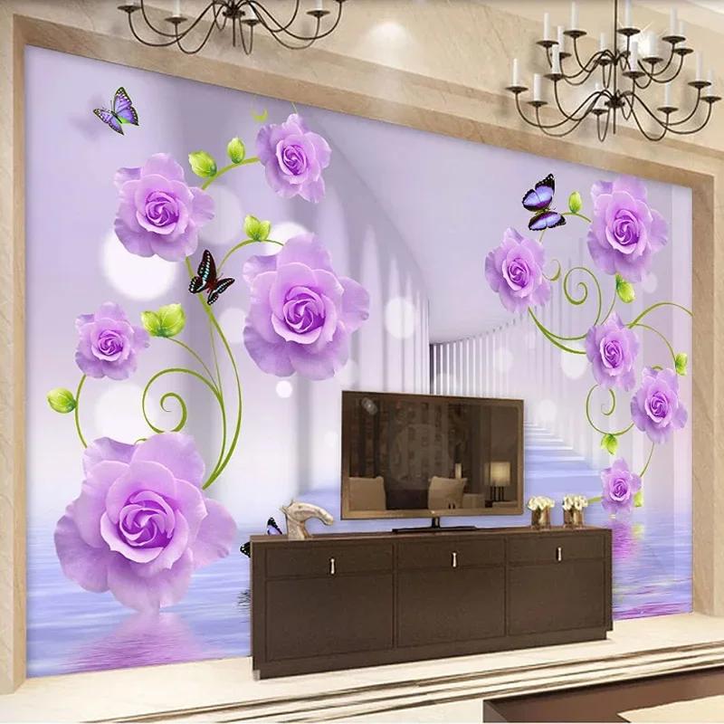 Photo Wallpaper For Walls 3D Stereoscopic Purple Rose Flowers Living Room Sofa TV Background Wall Mural Home Decor Modern