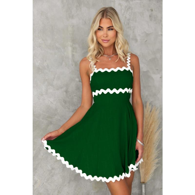 VEZFAA Women's Fashion Summer Spring Lace Print Sleeveless Suspenders High Waist Casual Dresses