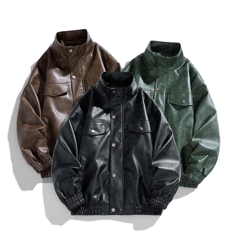 Large Size Trendy Fashion Jacket Stand Collar Casual Spring and Autumn New Loose Men's Motorcycle Leather Jacket for Men