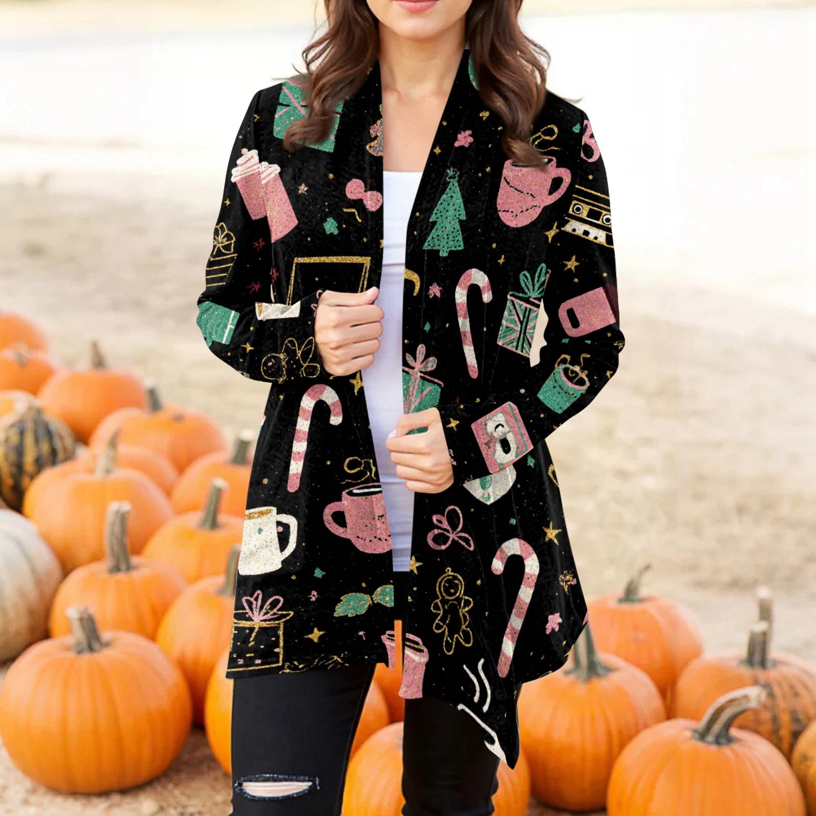 

Женский модный повседневный кардиган-жакет средней длины с неровным подолом и рождественским принтом L