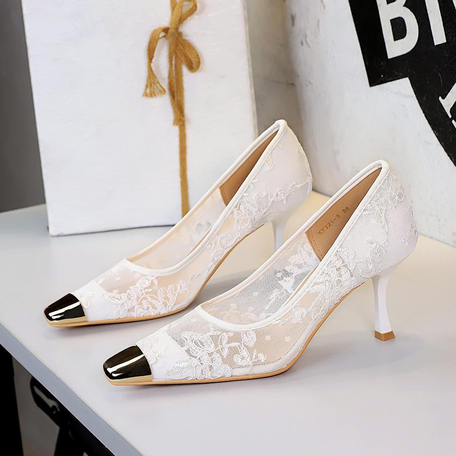 Fashion Summer Women Sexy 7cm High Heels Mesh Sandals Burgundy Pumps Lady Lace Breathable Scarpins Office Party Stripper Fetish Shoes