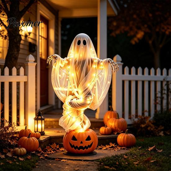 Decorative Festive Lighting Swirling Ghost Pumpkin Yard Lamp, Halloween Glowing Spooky Decor with Solar Powered Alternative Design, Outdoor