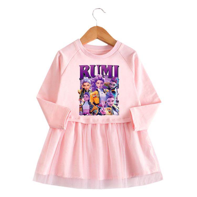 Mädchen Kpop Rumi Zoey Mira Hunters Print Langarm Falten Netz Kleid