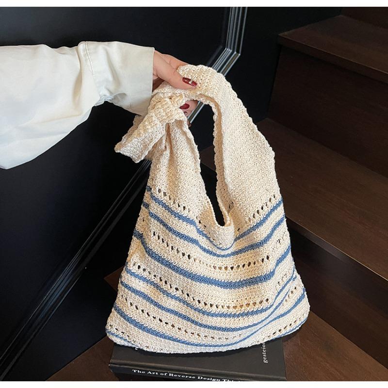 

Новая хлопковая нить большой вместимости полосатая сумка-тоут через плечо модная и простая вязаная сумка пляжная сумка для отпуска