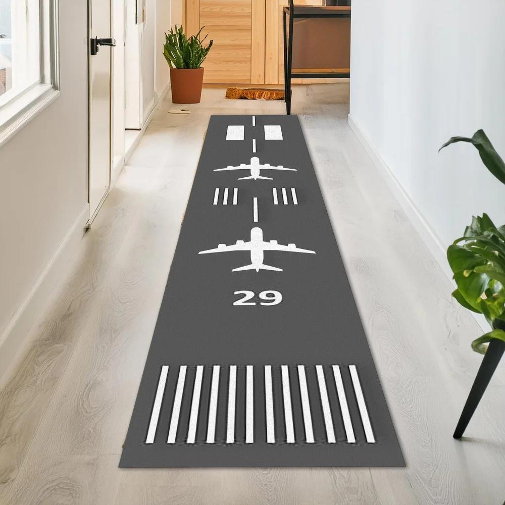 Alfombra Runner Larga para Pista de Aeropuerto, Antideslizante, Lavable, Alfombrilla de Cocina, Base Negra con Gráfico de Avión, Alfombra para Pasillo, Recibidor