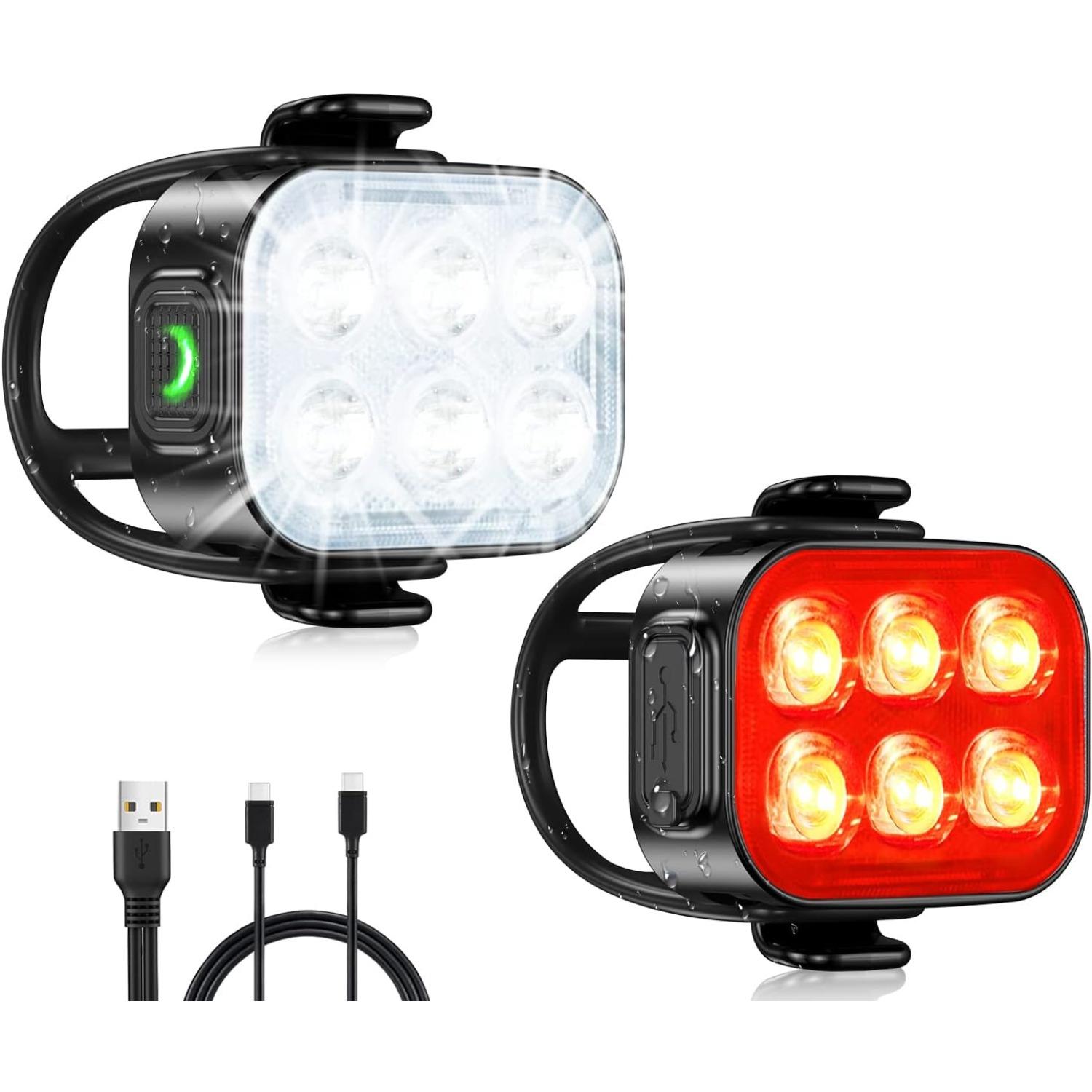 Bike Lights for Night Riding, USB Rechargeable Bike Lights Front and Back, Bicycle Light Headlight and Tail Light set Handlebar&200-50lm чёрный