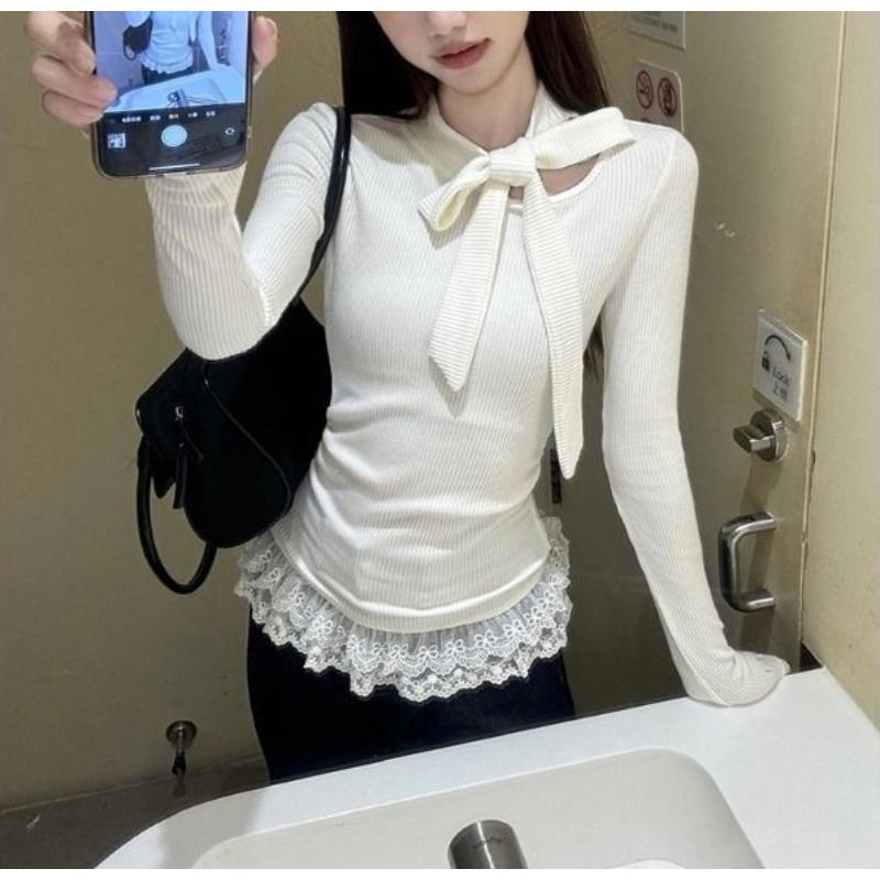 New Bow Tie Lace Splicing Women Blouse Long Sleeve Sweet T-Shirt Slim Fit Lace-up Solid Color Fashion Tops Elegant Casual Casual Clothing