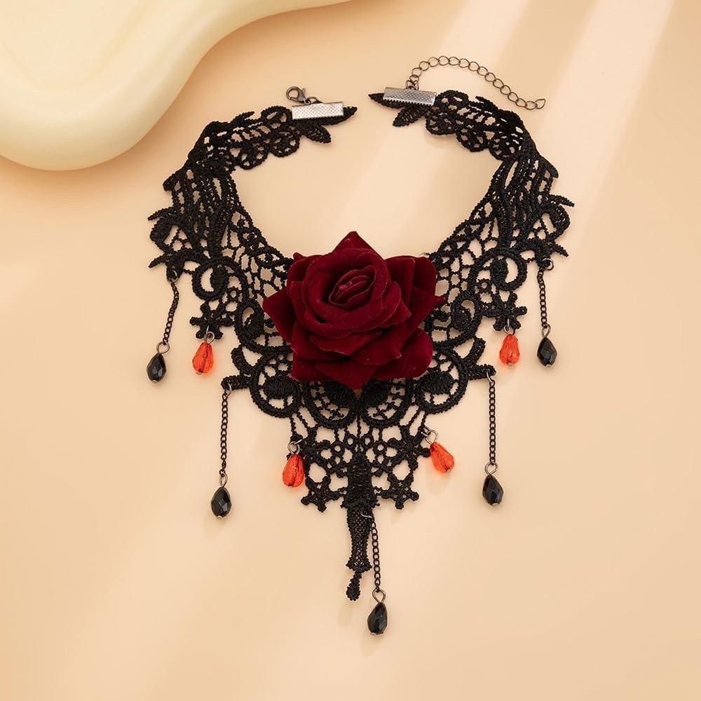 Gotischer Schwarzer Spitze Rote Rose Blume Choker Halskette Vintage Kristall Anhänger Kragen Kette Zubehör für Halloween Hochzeit Brautparty