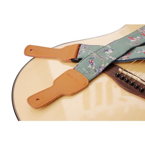 MUSIC FIRST Original Design Vintage Style "Plum Blossom" Soft Cotton and Leather Guitar Strap, Banjo Strap