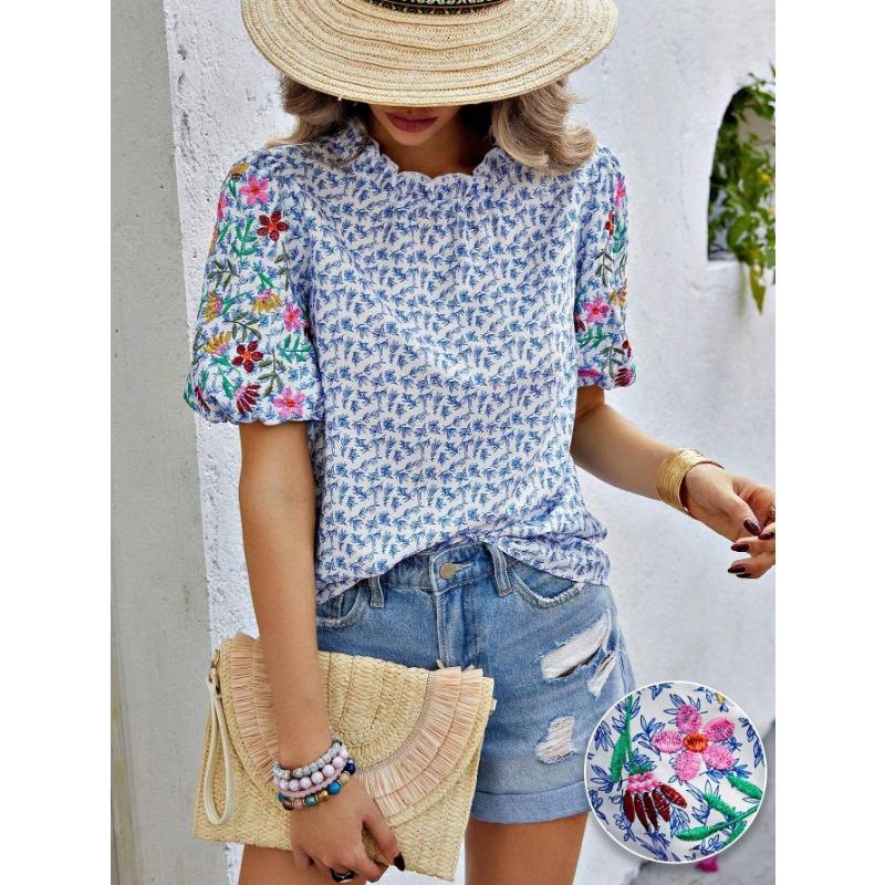 Women's Fashion Casual Summer Spring Flower Pattern Print Short Sleeve Blouses & Shirts