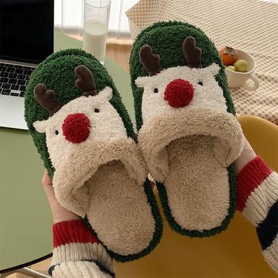 Winter Niedliche Weihnachts-Elch Baumwolle Hausschuhe Damen Ins Mode Indoor Haushalt Rutschfest Paar Plüschpantoffeln Herren