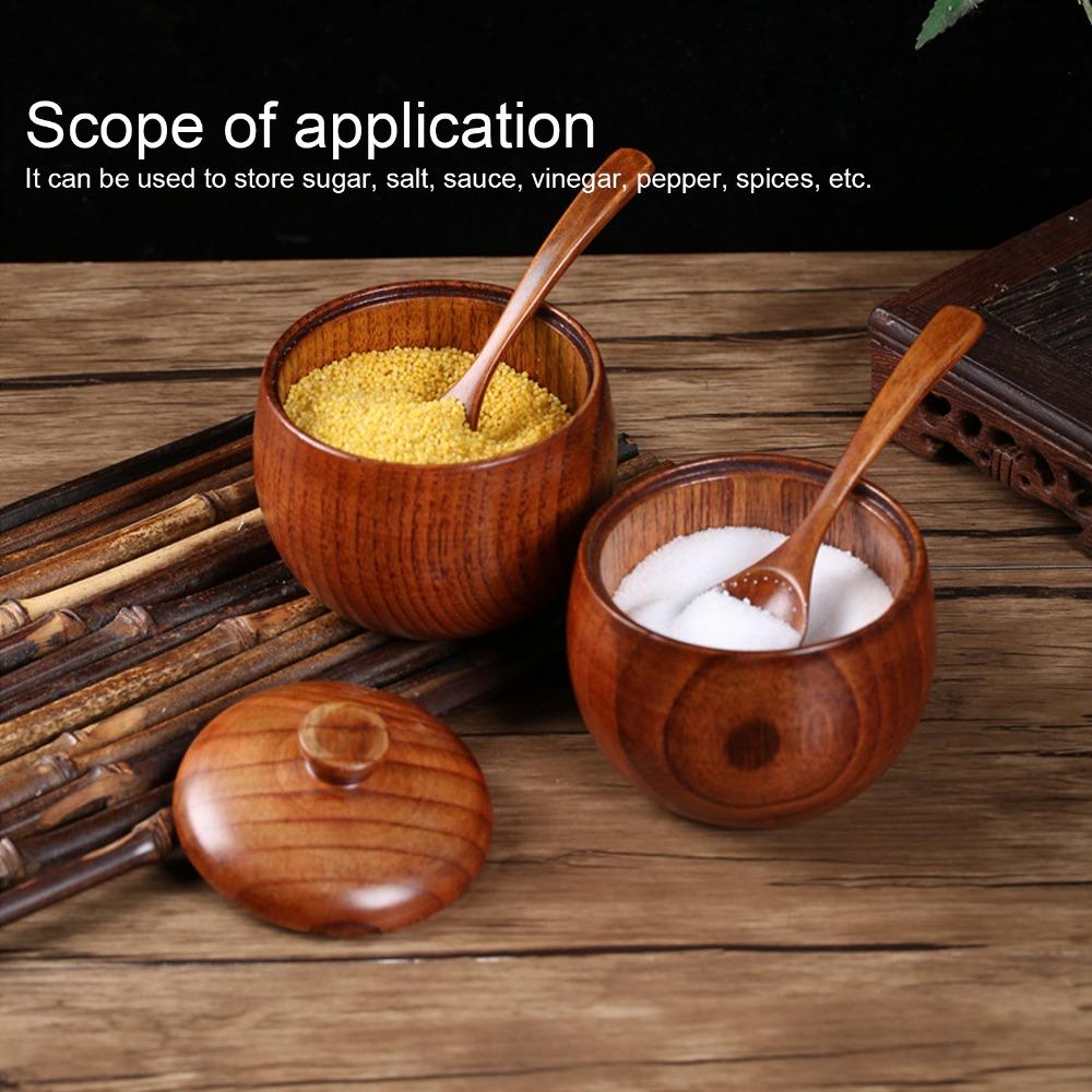 2Set Wooden Bowl Solid Wood Seasoning Jar Retro Japanese Sugar Bowl with Lid and Spoon 2.4x3.5in Condiment Container Coffee Bar