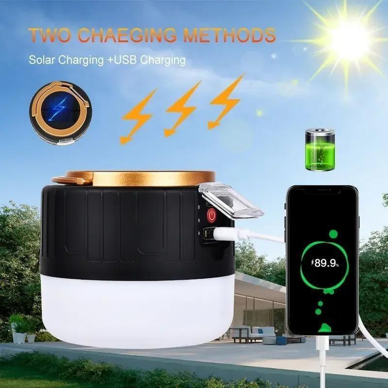 LED Camping Light Solar & USB Rechargeable Bulb High Power Outdoor Tent Lamp Portable Lantern Emergency Lighting Lights For BBQ Hiking