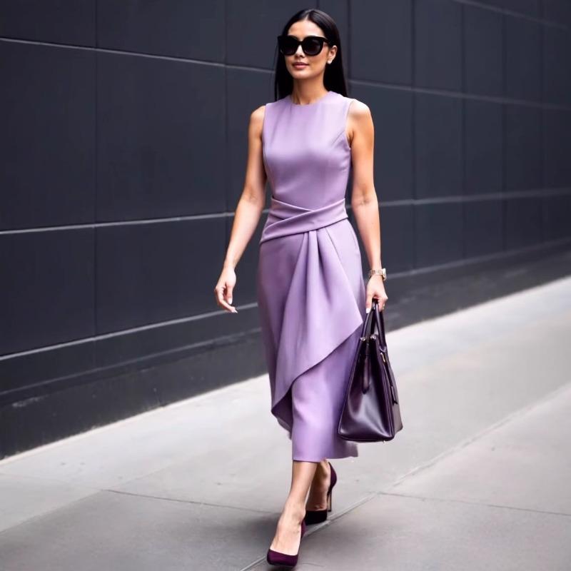 Wish Summer Solid Color Temperament Waist Sleeveless Asymmetrical Dress Women