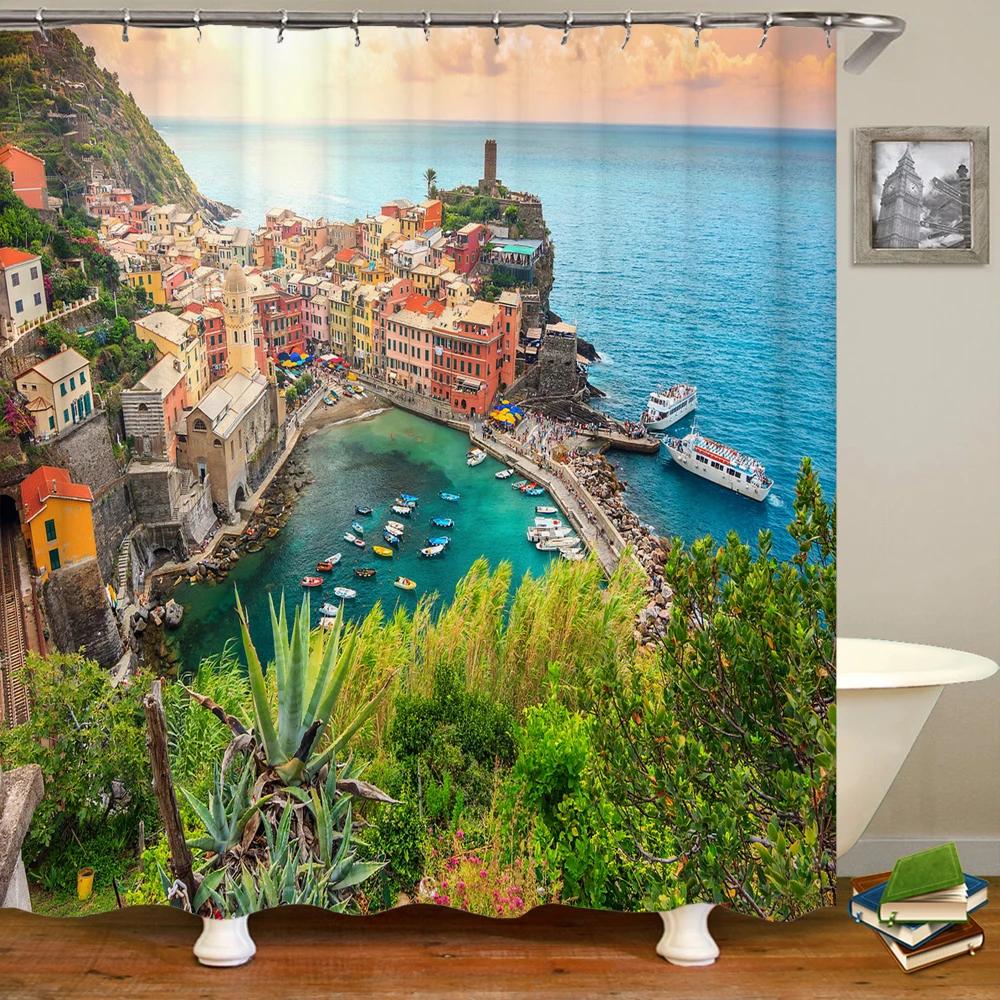 Beautiful Natural Scenery City Town Shower Curtains Bathroom Waterproof Polyester Fabric Bath Curtain Landscape Decor Curtains