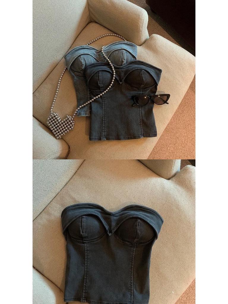 Trendiges Retro-Farben-Denim-Bandeau mit einem Träger: Damen Cooles & Vielseitiges Cropped Top Sommer 2026
