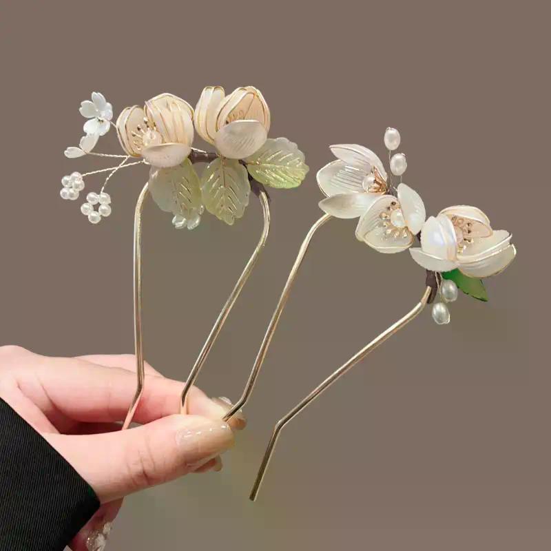 1Pcs U Shape Jade Orchid Hairpin For Women Vintage Chinese Style Wrapping Flower Hairpin Handmade Metal Jewelry Hair Accessory
