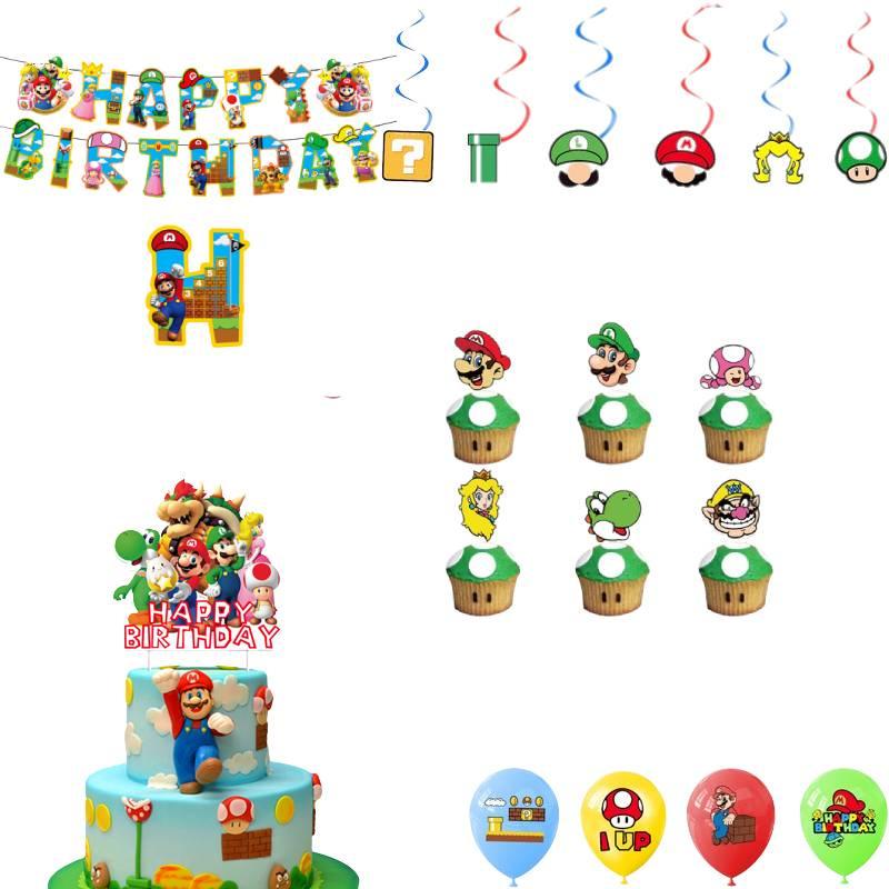 Mario Theme Party Decorations Set Flags, Cake Toppers, Balloons, And Spirals For An Amazing Party Atmosphere!