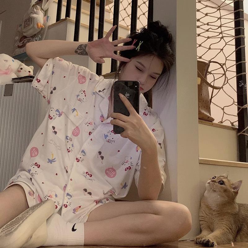 GMXIA High-quality Cotton-like Cute Cardigan Short-sleeved Student Pajamas for Women, Sweet Summer Style for Women's Home Wear