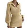 Women's Fashion Casual Turn-down Collar Lanterned Sleeve Long Sleeve Color Knitted Dress