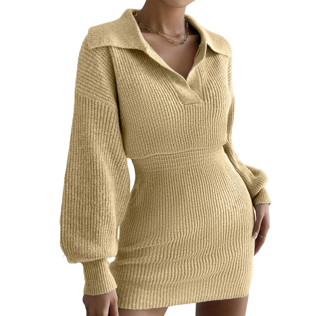 Women's Fashion Casual Turn-down Collar Lanterned Sleeve Long Sleeve Color Knitted Dress