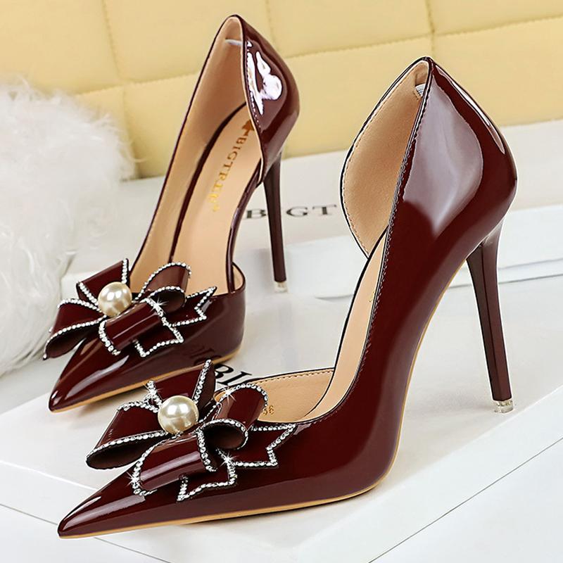 

BIGTREE Shoes Luxury Pumps Women 10.5cm Heels Rhinestone Bowknot Lady Heels Stilettos Patent Leather High Heels Female Shoes 34