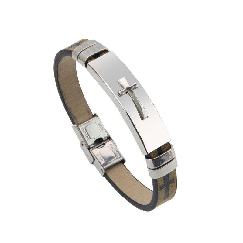 Trendy Men's Stainless Steel Cross Bracelet with Vintage Leather