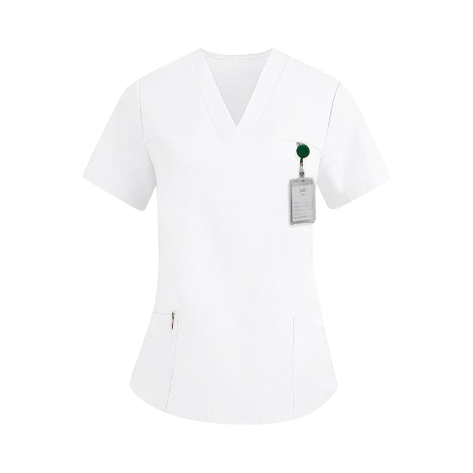 

Women s Color-blocked Short-sleeved Pocket V-neck Caregiver Uniform Top XL білий