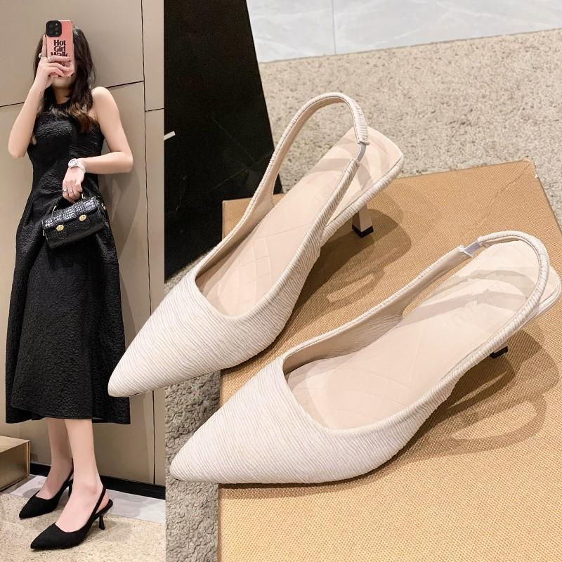 Baotou sandals women's 2024 new French pointed head, light mouth, thin heel, empty single shoes, satin temperament, socialite high heels