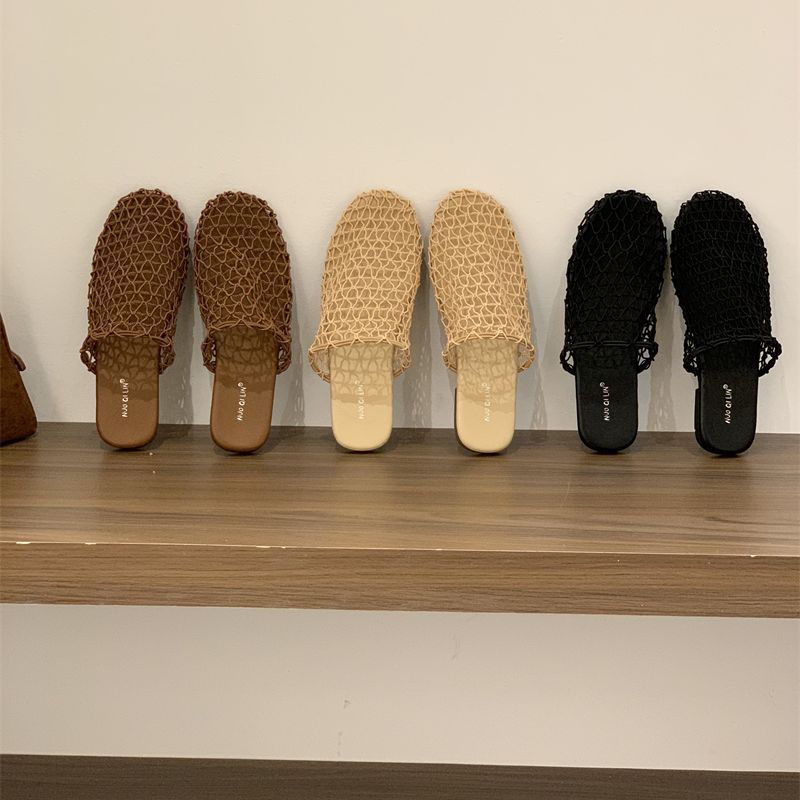 Retro neue Mesh hohle atmungsaktive kühle Hausschuhe Fischernetz gewebte Tasche Kopf halber Schlepp flache Muleschuhe Römersandalen