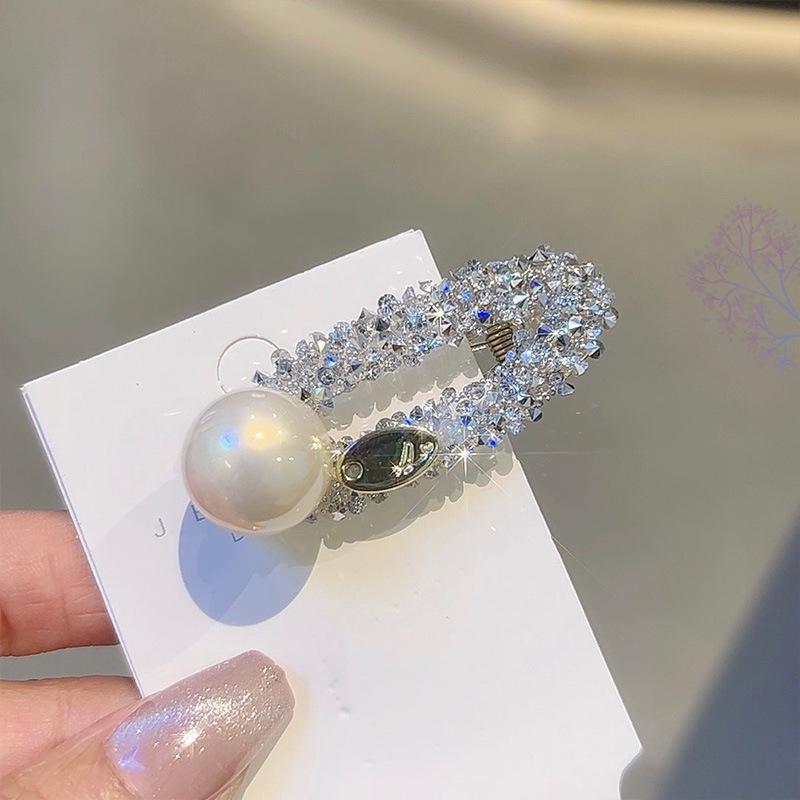 Korean-Style Pearl Duckbill Hair Clip with Rhinestone Fringe