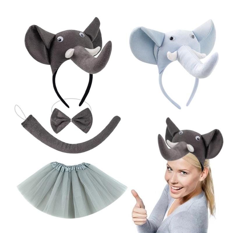 Kinder Elefantenkostüm Set Elefantenohren Stirnband Schwanz Fliege Tutu Handschuhe für Halloween Weihnachten Tier Cosplay Kostümsets