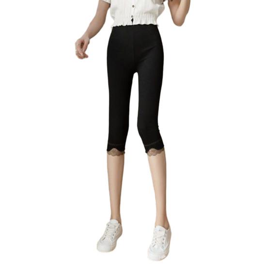 Women Cropped Leggings Elastic Tight Fit High Waist Lace Splice