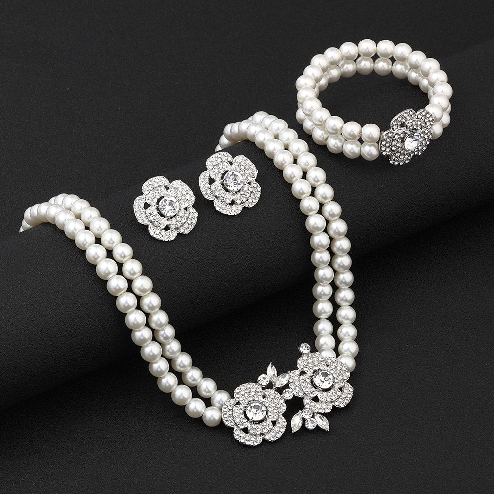 Perlekrystall halskjede, øredobber, armbånd, sett i tre deler, tilbehør til bryllupsbankettkjole, smykkesett.