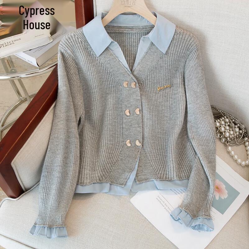 

Женский вязаный свитер с имитацией двух частей и лацканом с цветными блоками M